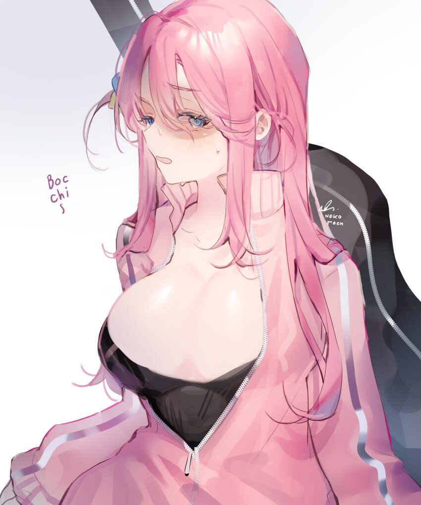 1girl, blue_eyes, bocchi_the_rock!, breasts, breasts_out, character_name, embarrassed, gotoh_hitori