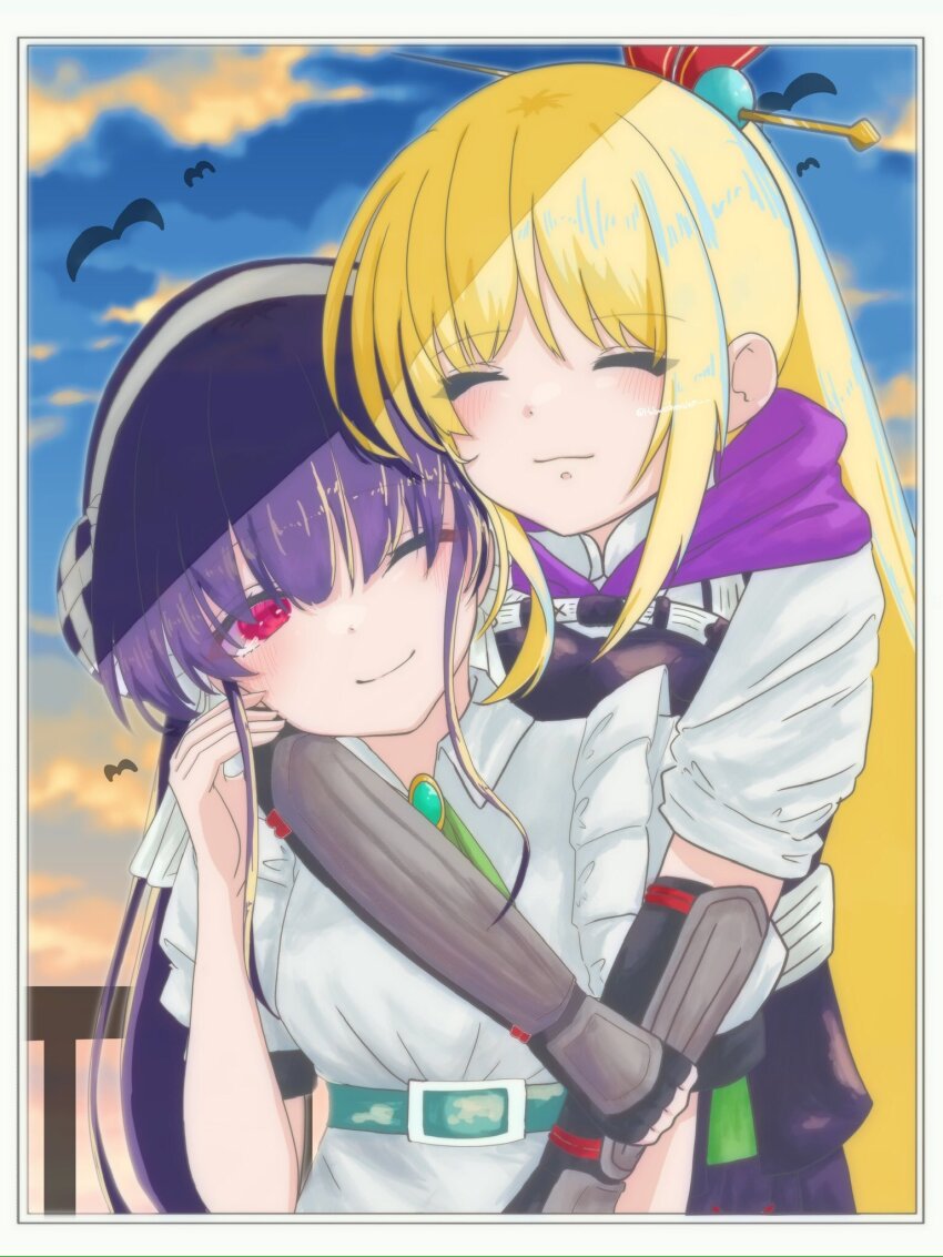 2girls, armor, blonde_hair, blue_hair, chest_harness, double_bun, dusk, hair_bun