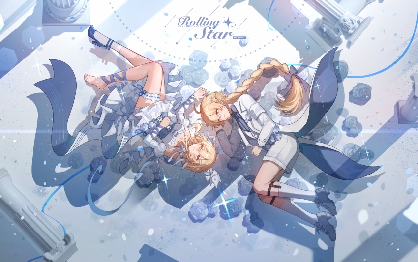 1boy, 1girl, absurdres, aether_(genshin_impact), ahoge, alternate_costume, armband, artist_name