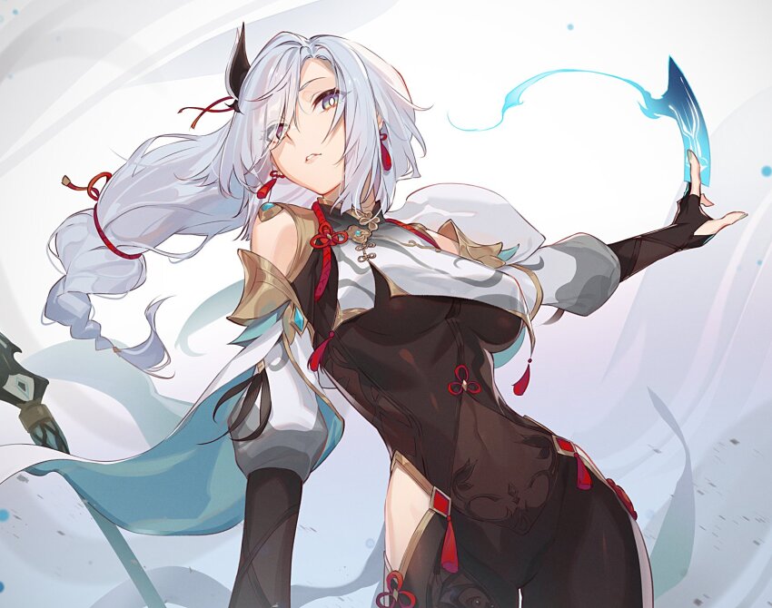 1girl, bare_shoulders, between_fingers, black_bodysuit, black_gloves, blue_eyes, bodysuit, single_breast_curtain