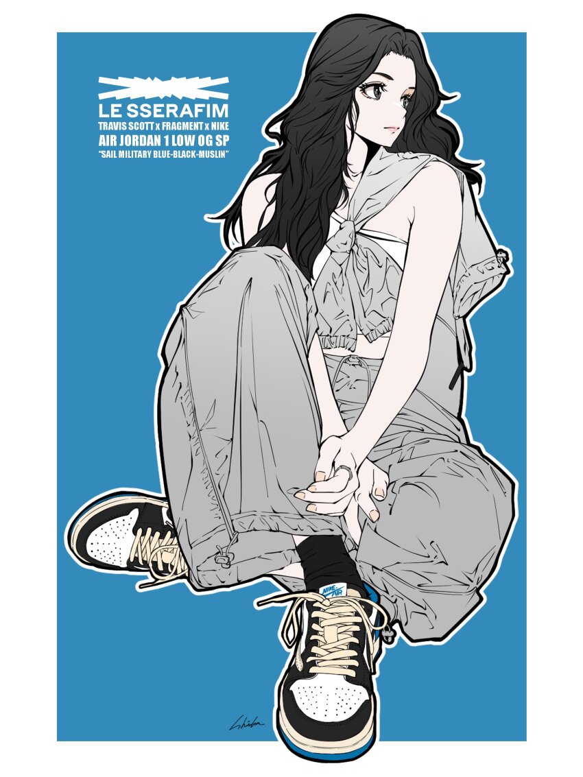 1girl, absurdres, air_jordan, air_jordan_1, animification, bambi_surprise, black_eyes, black_hair