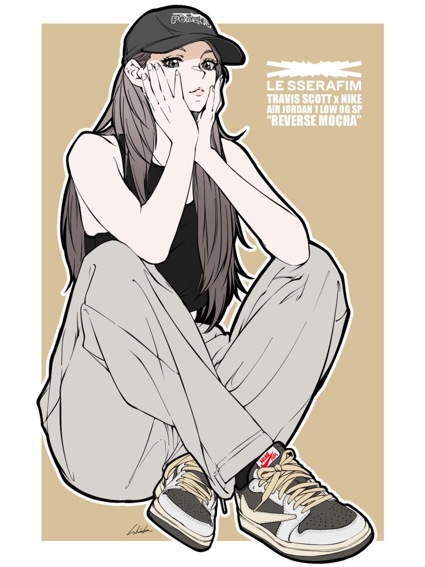 1girl, absurdres, air_jordan, air_jordan_1, animification, bambi_surprise, baseball_cap, black_hat