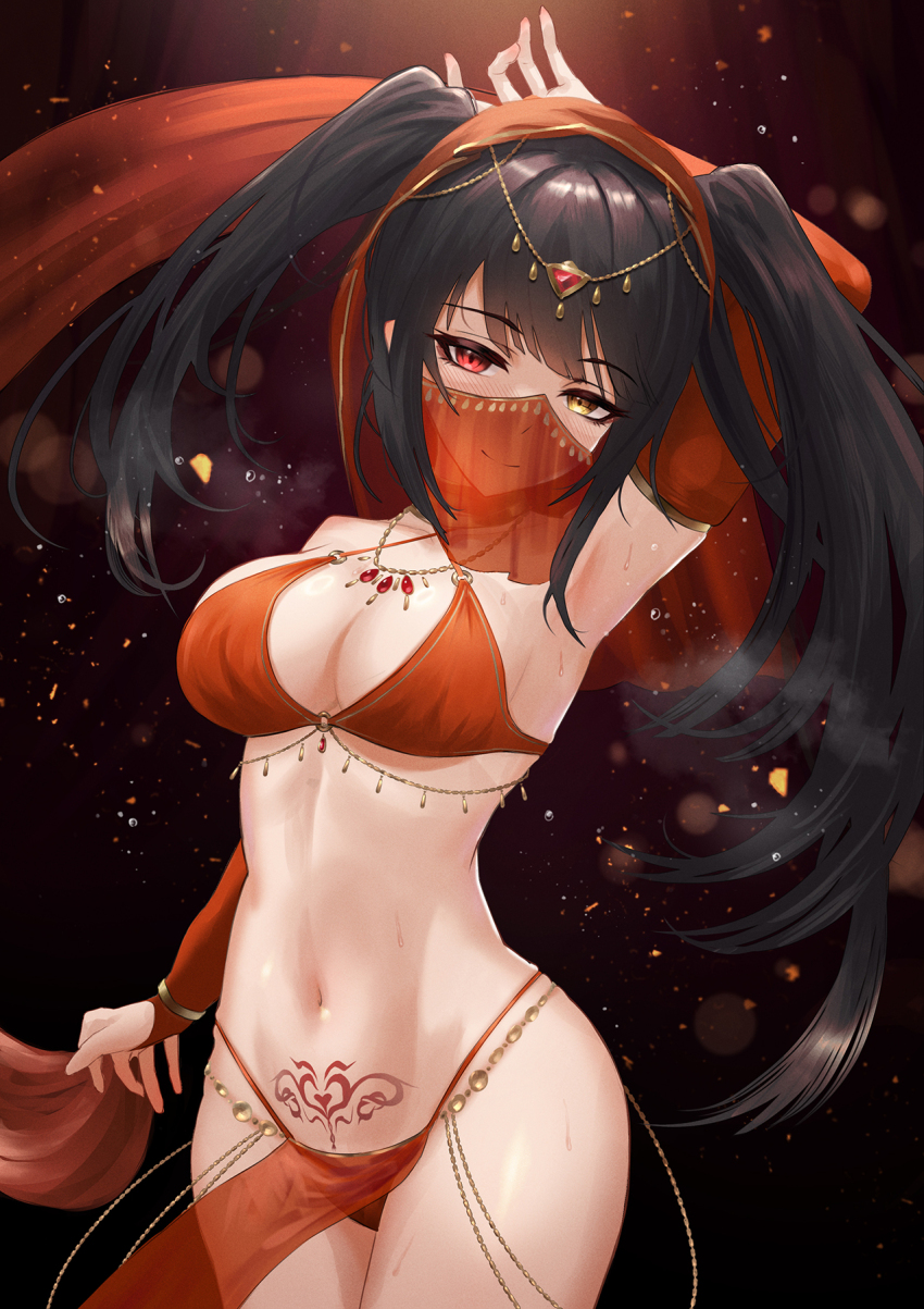 1girl, alternate_costume, arabian_clothes, arm_up, armpits, bare_shoulders, bikini, black_hair, bracelet, breasts, bridal_gauntlets, cleavage, dancer, date_a_live, earrings, gino_(gino_h), harem_outfit, heterochromia, highres, jewelry, long_hair, medium_breasts, midriff, mouth_veil, navel, pelvic_curtain, pubic_tattoo, red_eyes, smile, solo, swimsuit, tattoo, tokisaki_kurumi, twintails, veil, yellow_eyes