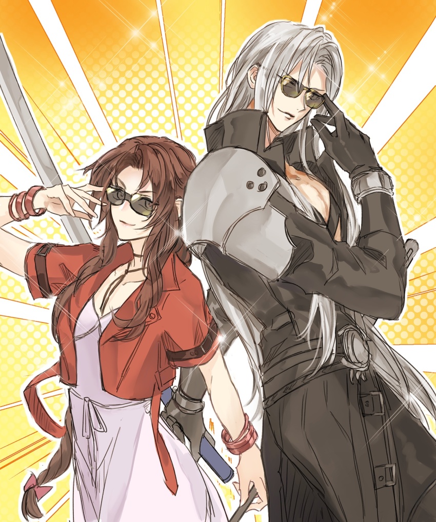 1boy, 1girl, adjusting_eyewear, advent-lezard, aerith_gainsborough, armor, back-to-back, bangle, black_coat, bracelet, breasts, brown_hair, chest_strap, choker, closed_mouth, coat, cropped_jacket, dress, final_fantasy, final_fantasy_vii, final_fantasy_vii_rebirth, final_fantasy_vii_remake, grey_hair, highres, holding, holding_behind_back, holding_staff, holding_sword, holding_weapon, holding_weapon_behind_back, jacket, jewelry, long_coat, long_dress, long_hair, looking_at_viewer, masamune_(ff7), medium_breasts, orange_background, parted_bangs, pink_dress, red_jacket, ribbon_choker, sephiroth, short_sleeves, shoulder_armor, sidelocks, smile, staff, sunglasses, sword, weapon