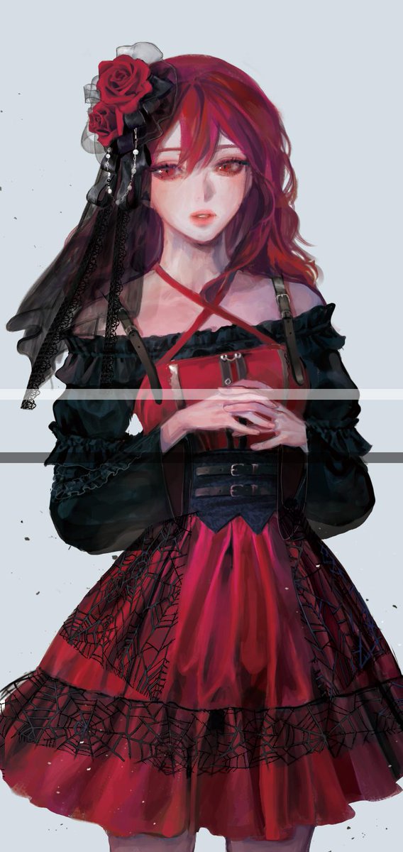 1girl, akatsuki_no_yona, bad_id, bad_twitter_id, commentary_request, corset, cowboy_shot, criss-cross_halter, criss-cross_straps, crossed_fingers, dress, flower, frilled_dress, frills, grey_background, hair_between_eyes, hair_flower, hair_ornament, halterneck, highres, korean_commentary, long_hair, long_sleeves, looking_to_the_side, red_dress, red_eyes, red_flower, red_hair, red_rose, rose, simple_background, solo, yona_(akatsuki_no_yona), yona_hyeon