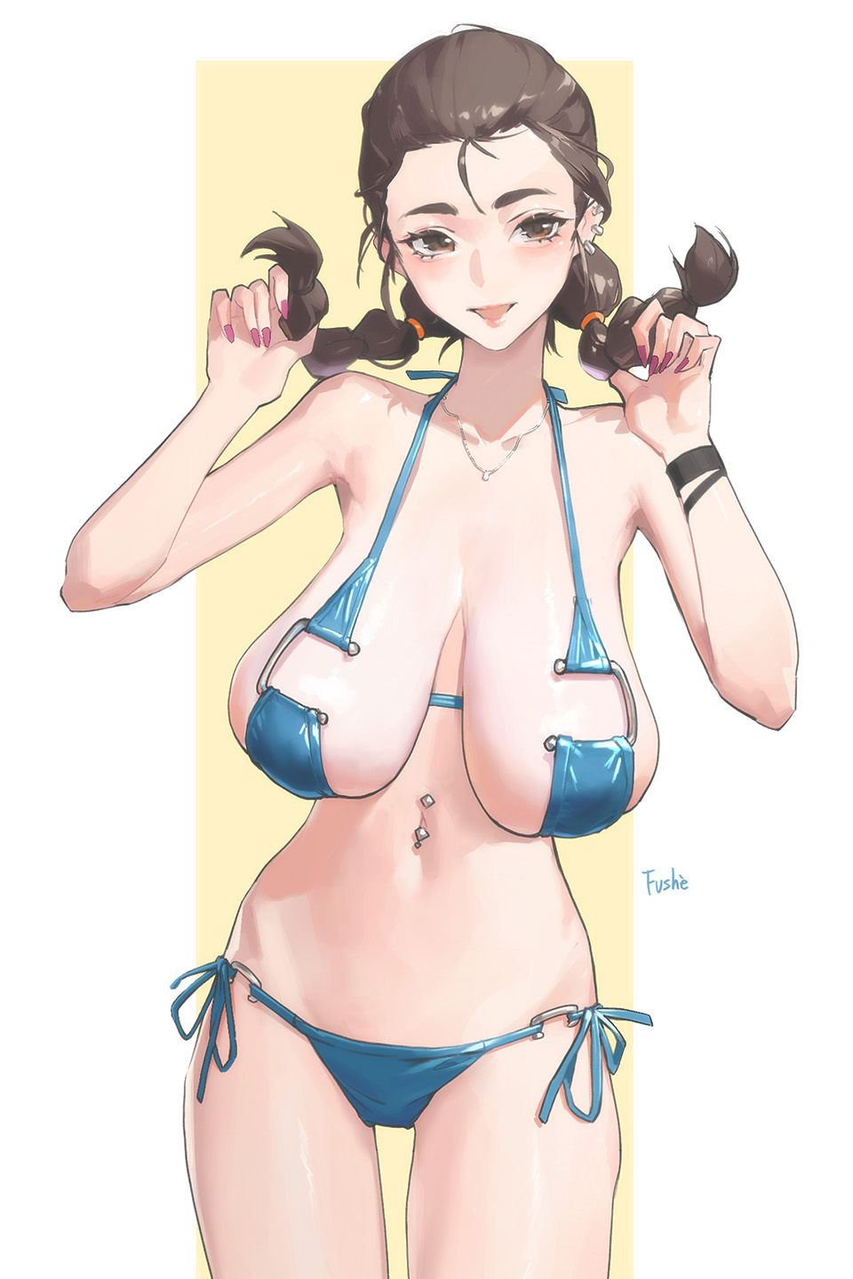 1girl, bikini, breasts, brown_eyes, brown_hair, earrings, florida_bikini, fushe
