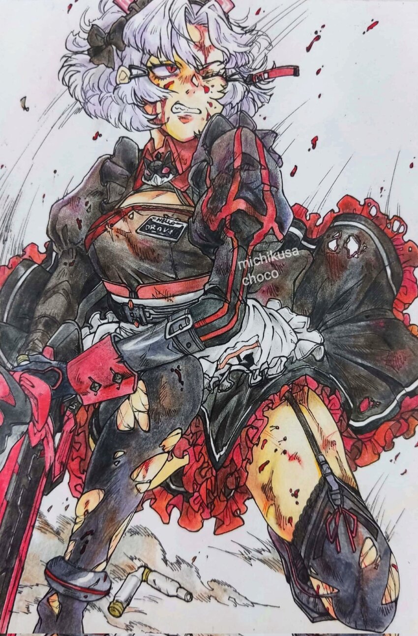 1girl, alternate_costume, apron, artist_name, blood, breasts, colored_pencil_(medium), drake_(maid_for_villain)_(nikke)