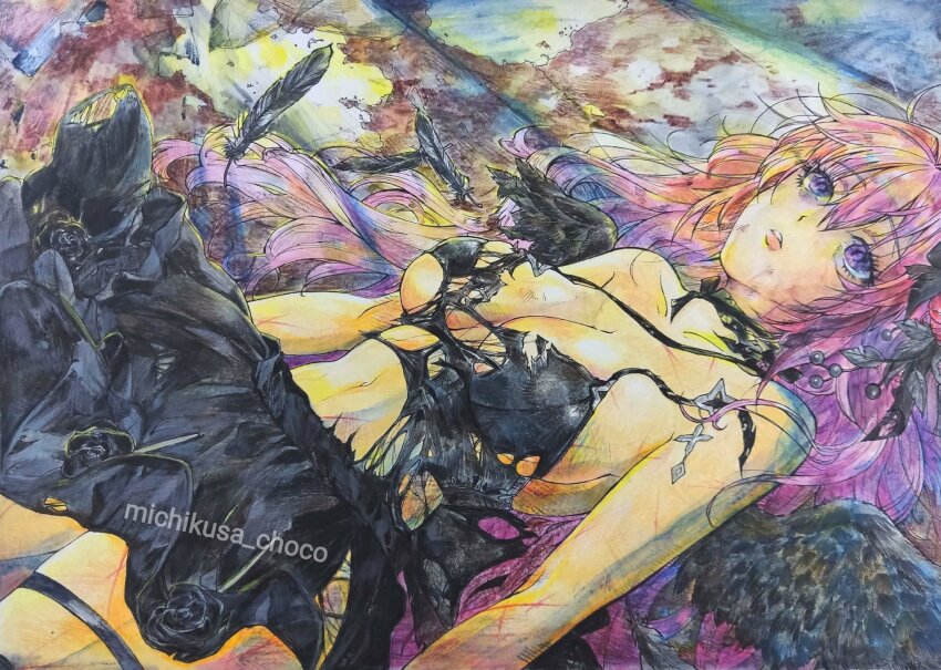 1girl, artist_name, bare_shoulders, black_ribbon, black_wings, braid, breasts, cleavage