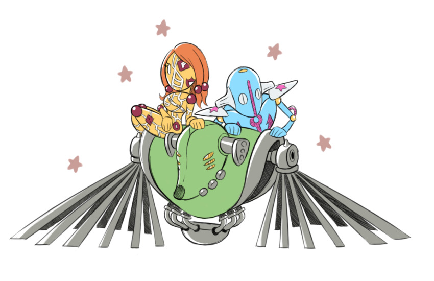 1girl, 2boys, doggy_style_(stand), humanoid_robot, jojo_no_kimyou_na_bouken, jojolion, kristallion, long_ears