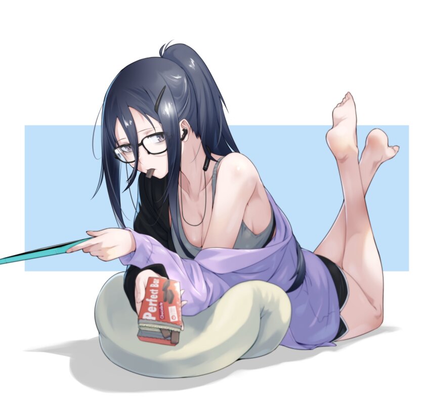 1girl, black_hair, black_hoodie, breasts, cleavage, eating, exia_(gamer)_(nikke), exia_(nikke)