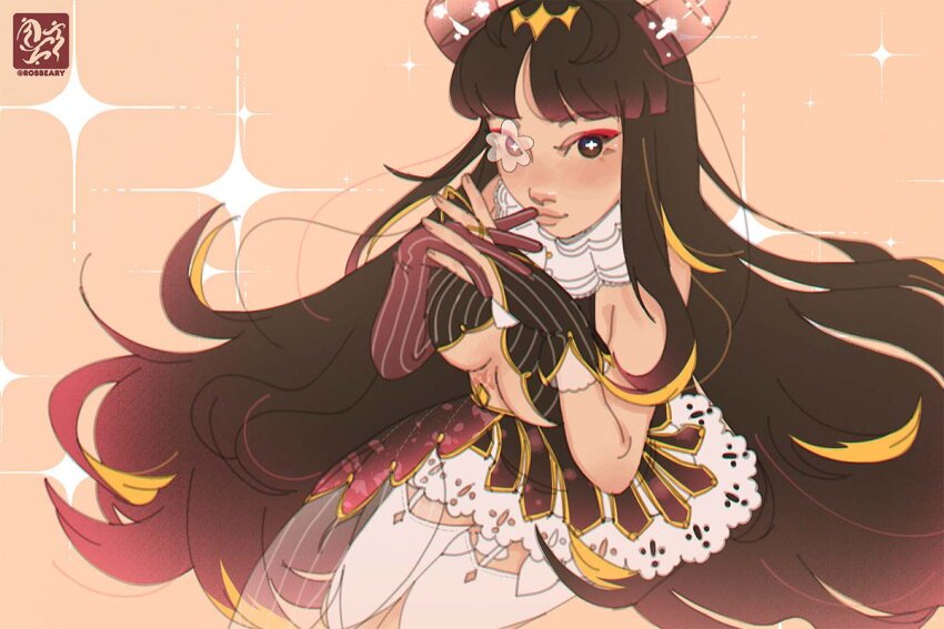 +_+, 1girl, black_hair, blonde_hair, breasts, bright_pupils, brown_eyes, commentary, crop_top, english_commentary, eyeshadow, fingerless_gloves, garter_straps, gloves, hair_over_one_eye, horns, long_hair, looking_at_viewer, makeup, medium_breasts, multicolored_hair, nica_(robbeary), pinstripe_pattern, rana_ianna, red_eyeshadow, single_glove, skirt, smile, solo, sparkle, streaked_hair, underboob, very_long_hair, virtual_youtuber, vreverie, white_pupils, white_skirt