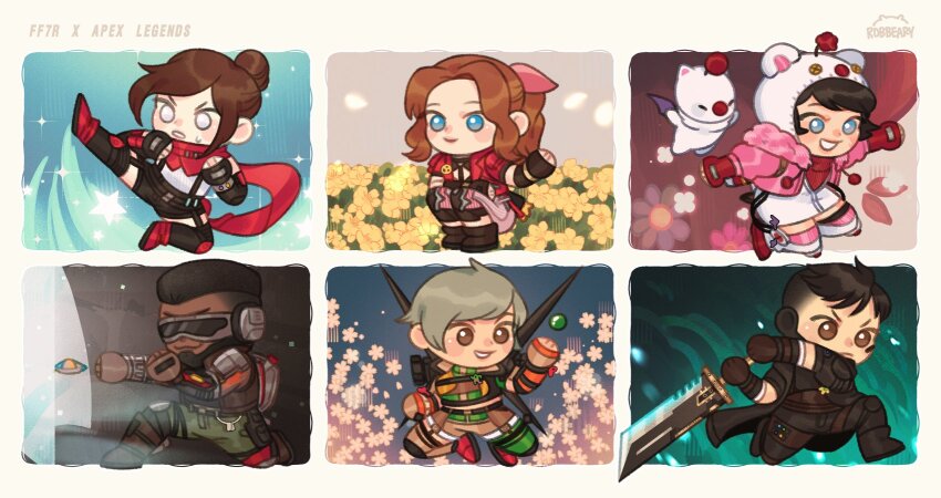 2boys, 4girls, 7th_heaven_skirmisher_wraith, aerith_gainsborough, aerith_gainsborough_(cosplay), animal_hood, apex_legends, barret_wallace