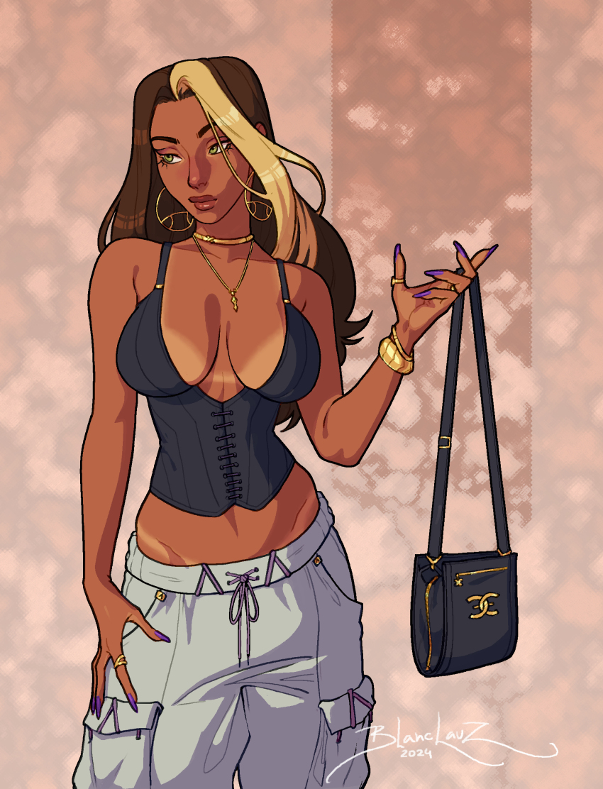 1girl, absurdres, aged_up, alternate_hair_length, alternate_hairstyle, arm_at_side, bag, baggy_pants, bikini_tan, black_bustier, blanclauz, blonde_hair, breasts, brown_hair, brown_lips, bustier, cargo_pants, commentary, dark-skinned_female, dark_skin, earrings, english_commentary, fake_nails, fashion, fingernails, gold_choker, green_eyes, grey_pants, handbag, highres, hoop_earrings, jewelry, large_breasts, long_fingernails, long_hair, looking_to_the_side, lowleg, lowleg_pants, mature_female, mismatched_eyebrows, modeling, multicolored_hair, multiple_rings, necklace, nina_(blanclauz), original, pants, purple_nails, ring, sleeveless, solo, streaked_hair, tan, tanline, thumb_ring, two-tone_hair, wedding_ring, y2k_fashion