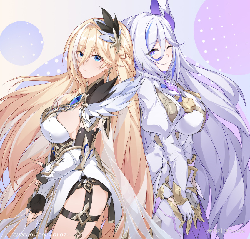 2girls, absurdres, durandal_(honkai_impact), blonde_hair, blue_eyes, braid, breasts, durandal_(palatinus_equinox)_(honkai_impact)