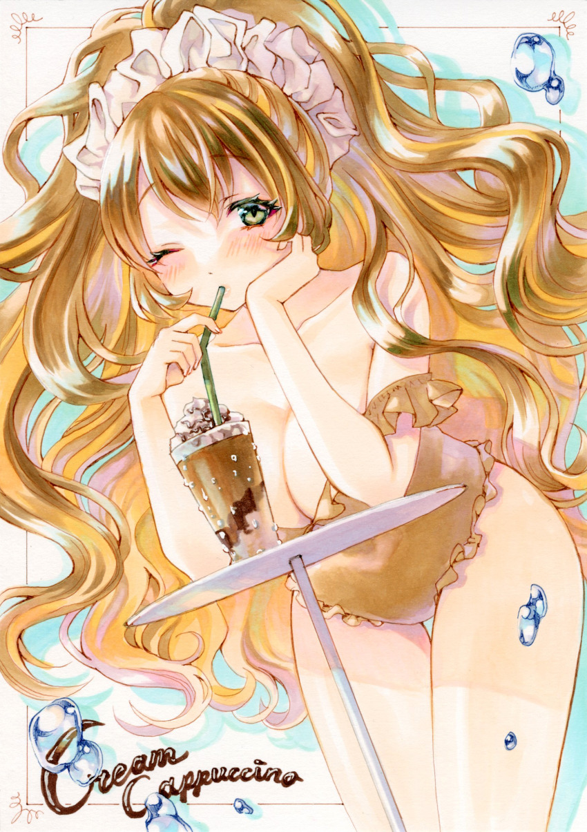 1girl, absurdres, bare_shoulders, bendy_straw, border, breasts, cappuccino, chocolate