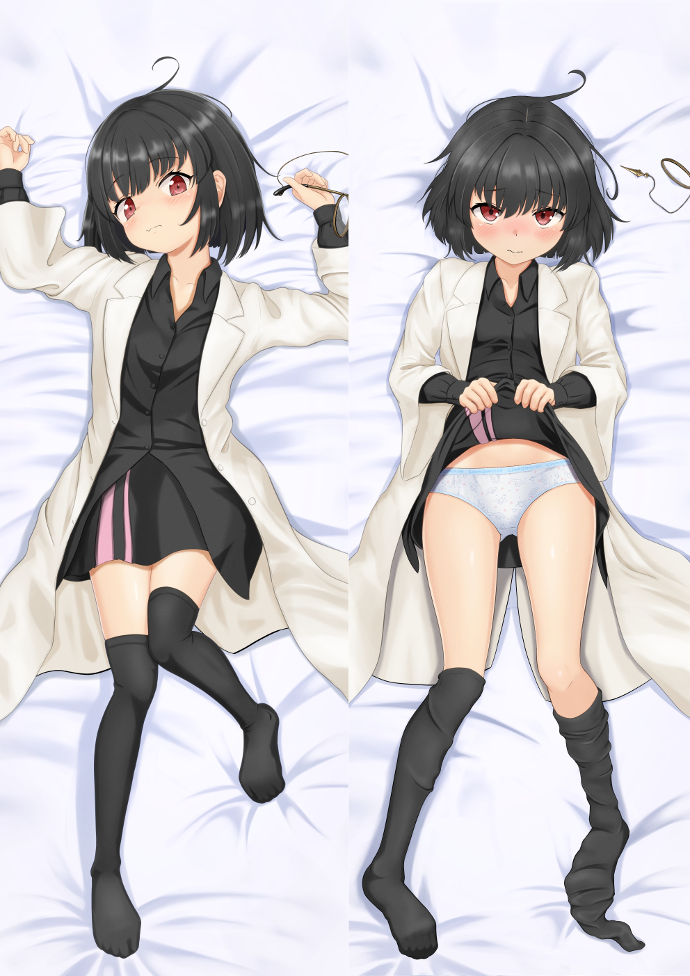 1girl, ahoge, bed_sheet, black_hair, black_lilith_(sentouin_hakenshimasu!), black_shirt, black_skirt, black_thighhighs, blush, bob_cut, breasts, closed_mouth, clothes_lift, coat, collared_shirt, commentary, commission, dakimakura_(medium), double_vertical_stripe, dress_shirt, hands_up, highres, holding, holding_removed_eyewear, knees_together_feet_apart, lab_coat, lifting_own_clothes, long_coat, long_sleeves, loose_hair_strand, lying, messy_hair, monocle, multiple_views, nose_blush, on_back, open_clothes, open_coat, paid_reward_available, panties, pink_skirt, print_panties, raised_eyebrows, red_eyes, sentouin_hakenshimasu!, shirt, short_hair, skeb_commission, skirt, skirt_lift, small_breasts, solo_focus, tanakaminos, thigh_gap, thighhighs, thighhighs_pull, underwear, unworn_eyewear, white_coat, white_panties, wide_sleeves