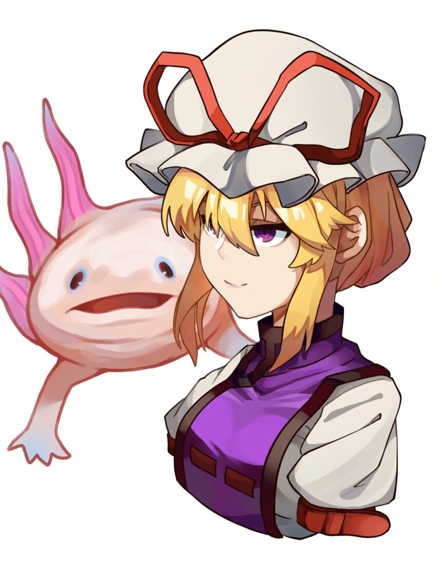 1girl, animal, axolotl, blonde_hair, breasts, cropped_torso, dress, hat