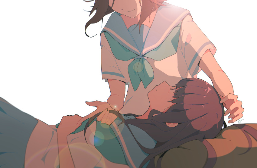 2girls, black_hair, blue_hair, blue_neckerchief, blue_sailor_collar, blue_skirt, blush, brown_hair, closed_eyes, closed_mouth, elt-reslenn, head_out_of_frame, hibike!_euphonium, highres, kasaki_nozomi, kitauji_high_school_uniform, lap_pillow, lens_flare, liz_to_aoi_tori, long_hair, lying, multiple_girls, neckerchief, on_back, pleated_skirt, sailor_collar, school_uniform, serafuku, shirt, short_sleeves, simple_background, sitting, skirt, smile, white_background, white_shirt, yoroizuka_mizore, yuri