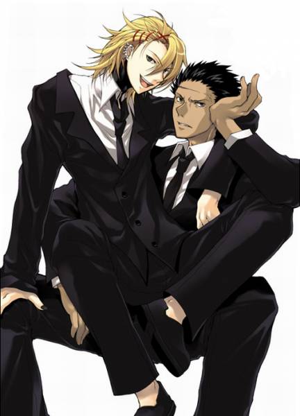 2boys, black_hair, blonde_hair, earrings, formal_clothes, gunji, jewelry, kiriwar