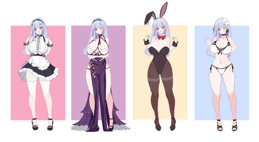 absurdres, animal_ears, azur_lane, bikini, black_footwear, black_leotard, black_pantyhose, blue_hair