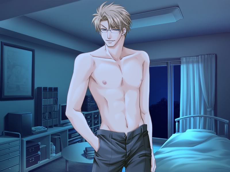 1boy, bedroom, blonde_hair, glasses, kichiku_megane, male_focus, navel, nipples, saeki_katsuya, topless_male, short_hair, smile