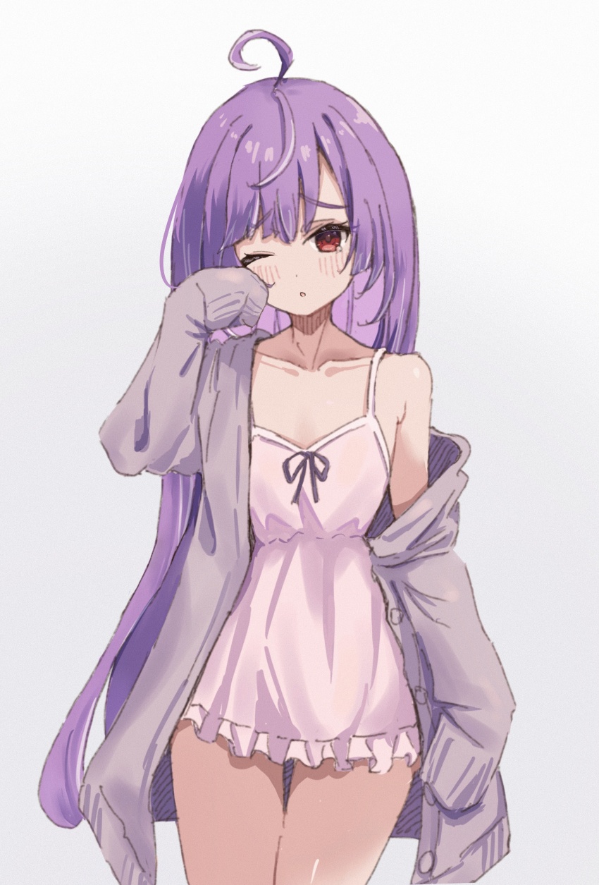 1girl, absurdres, ahoge, alternate_costume, blush, camisole, cardigan, commentary_request