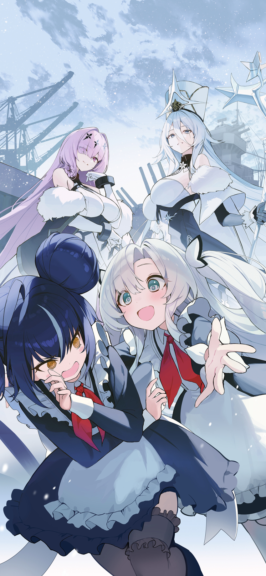 4girls, @_@, absurdres, azur_lane, blue_eyes, blush, coat, double_bun