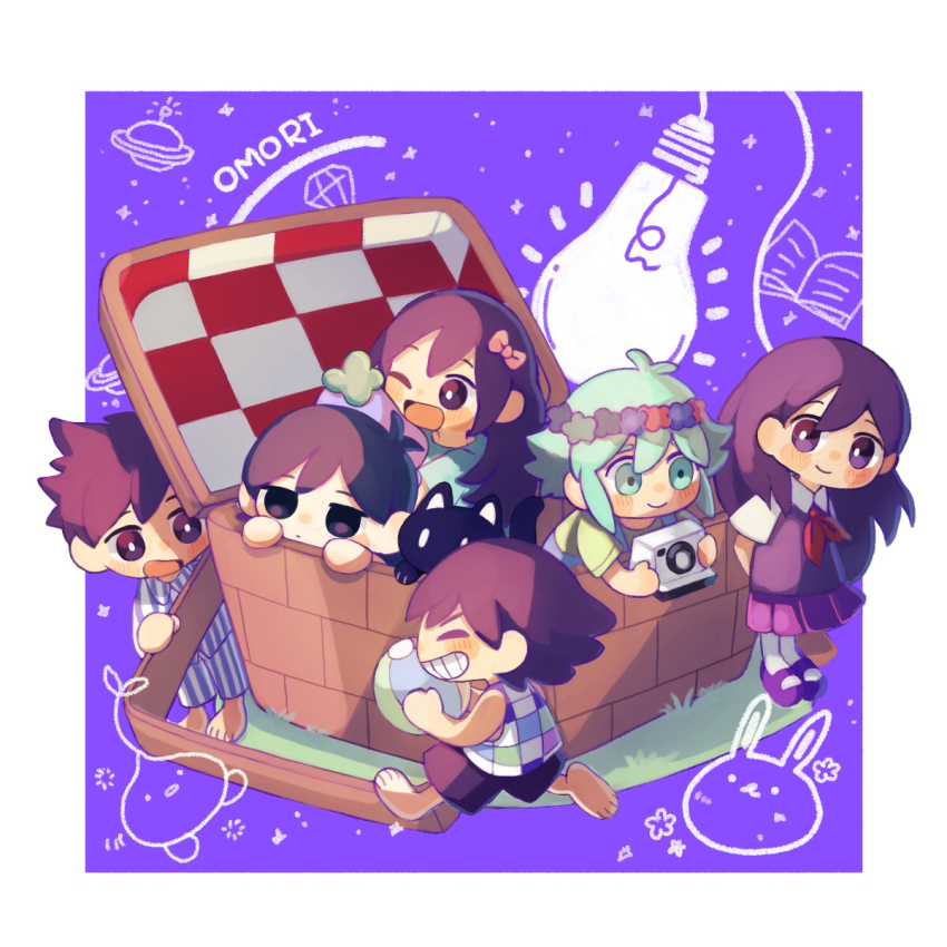 2girls, 4boys, animal, antenna_hair, aqua_dress, aqua_eyes, aqua_hair, arms_behind_back