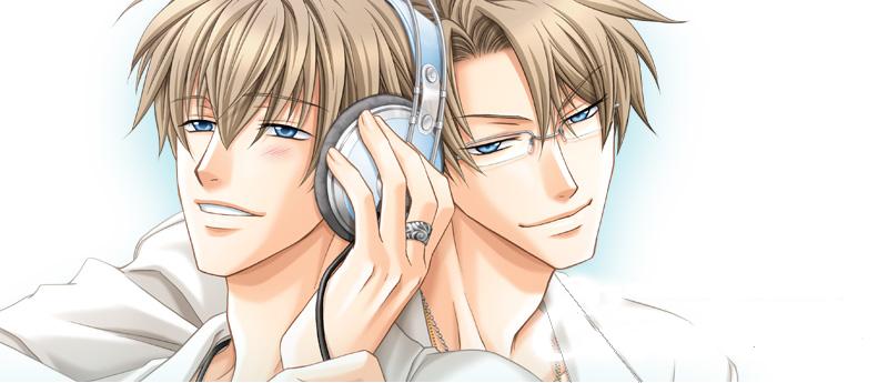 2boys, blonde_hair, blue_eyes, earphones, glasses, kichiku_megane, multiple_boys, saeki_katsuya, short_hair, smile