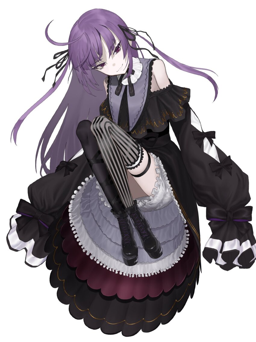 1girl, ahoge, asymmetrical_legwear, black_boots, black_dress, black_ribbon, bloomers, blunt_bangs