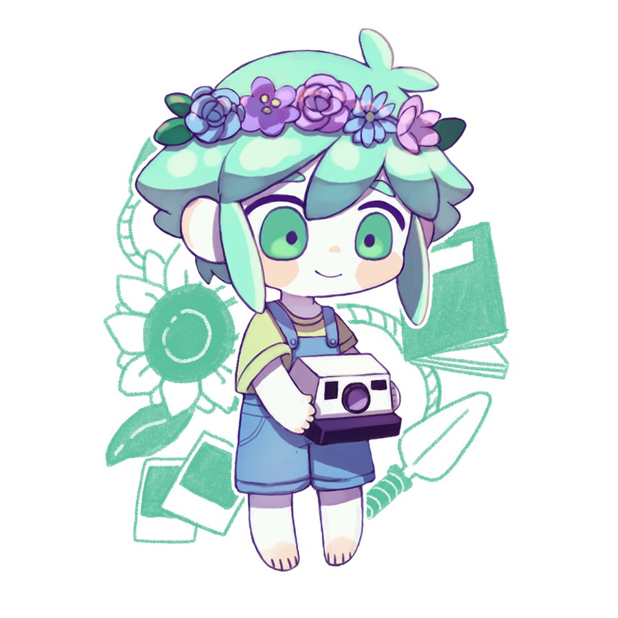 1boy, antenna_hair, banka_(200009813), barefoot, basil_(headspace)_(omori), basil_(omori), blue_flower, blue_overalls, book, buttons, camera, closed_mouth, colored_skin, deformed, flower, full_body, green_eyes, green_hair, green_shirt, hair_between_eyes, head_wreath, holding, holding_camera, leaf, looking_at_object, omori, outline, overall_shorts, overalls, photo_(object), pink_flower, purple_flower, rope, shirt, short_hair, short_sleeves, shovel, smile, solo, standing, sunflower, white_background, white_outline, white_skin