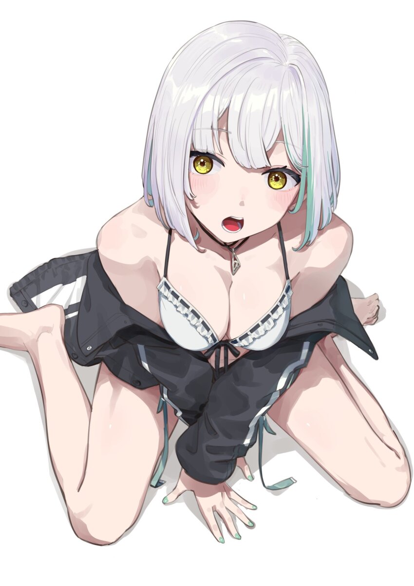 1girl, atsushima, barefoot, black_jacket, blue_hair, blue_nails, blush, bra