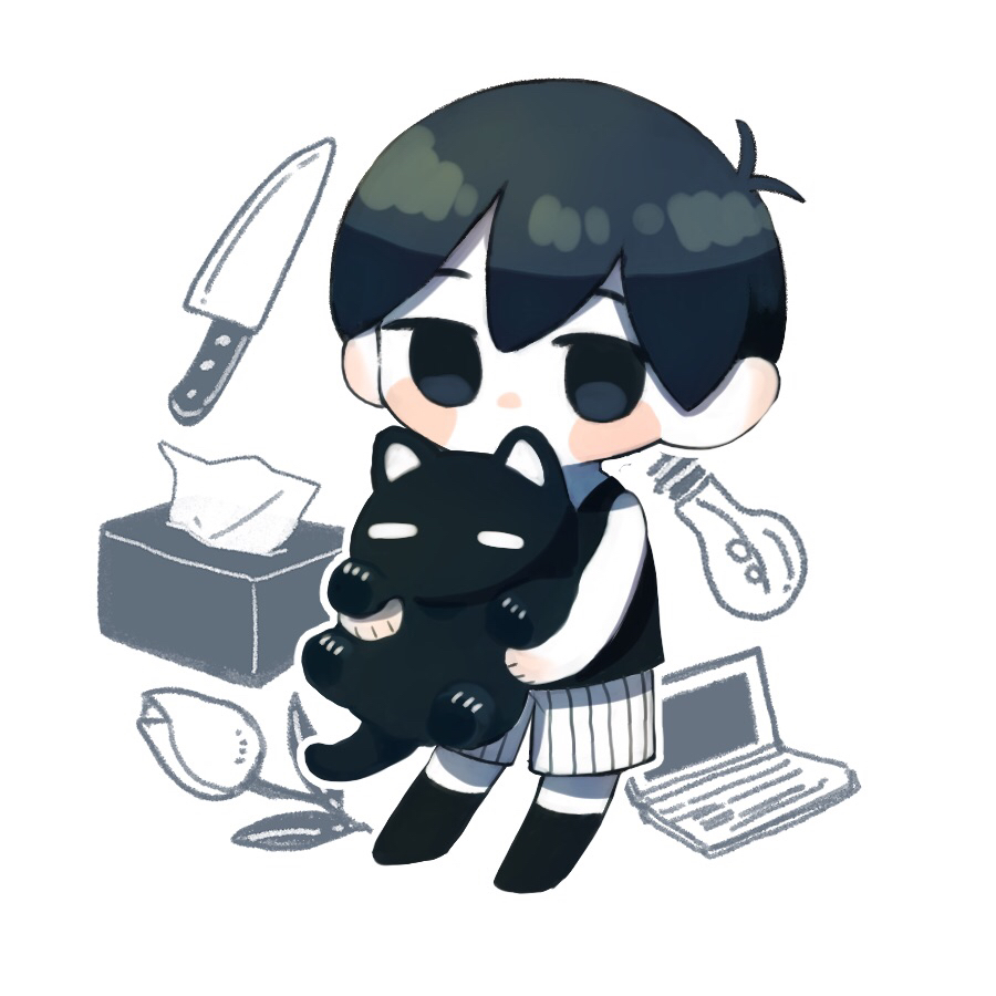 1boy, animal, antenna_hair, banka_(200009813), bare_arms, black_cat, black_eyes, black_hair