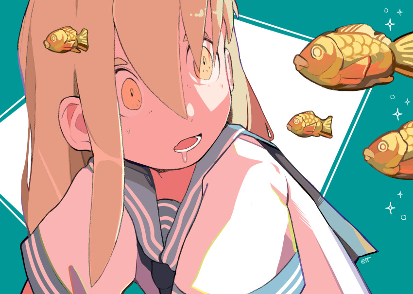 1girl, black_neckerchief, blonde_hair, blue_sailor_collar, drooling, elt-reslenn, fish, food