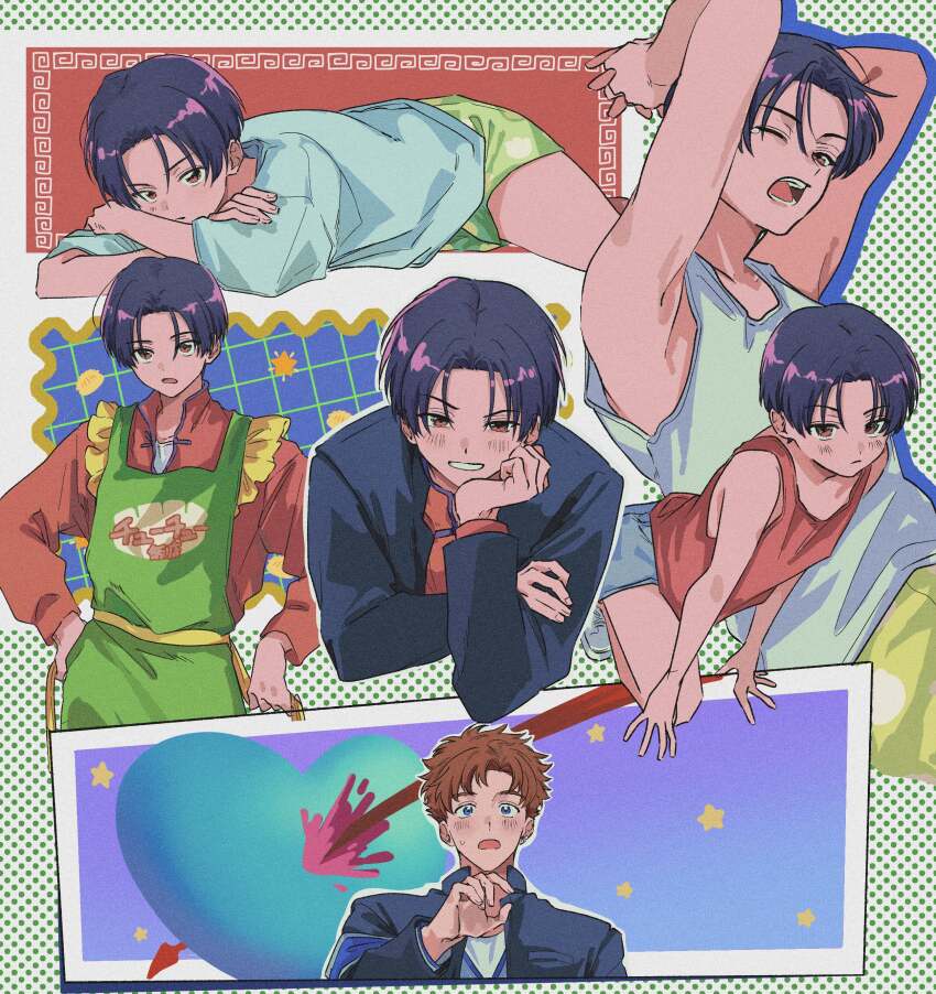 2boys, absurdres, aged_down, apron, arrow_through_heart, asamine_matakara, black_hair, blue_eyes, blush, brown_hair, bucchigiri?!, child, dumpling, food, gakuran, gradient_background, grin, hands_on_own_hips, highres, jiaozi, kingyo-chan, looking_up, male_focus, multiple_boys, multiple_persona, open_mouth, parted_bangs, patterned_background, red_eyes, school_uniform, shirt, shorts, smile, t-shirt, tank_top, tomoshibi_arajin, underwear, yaoi