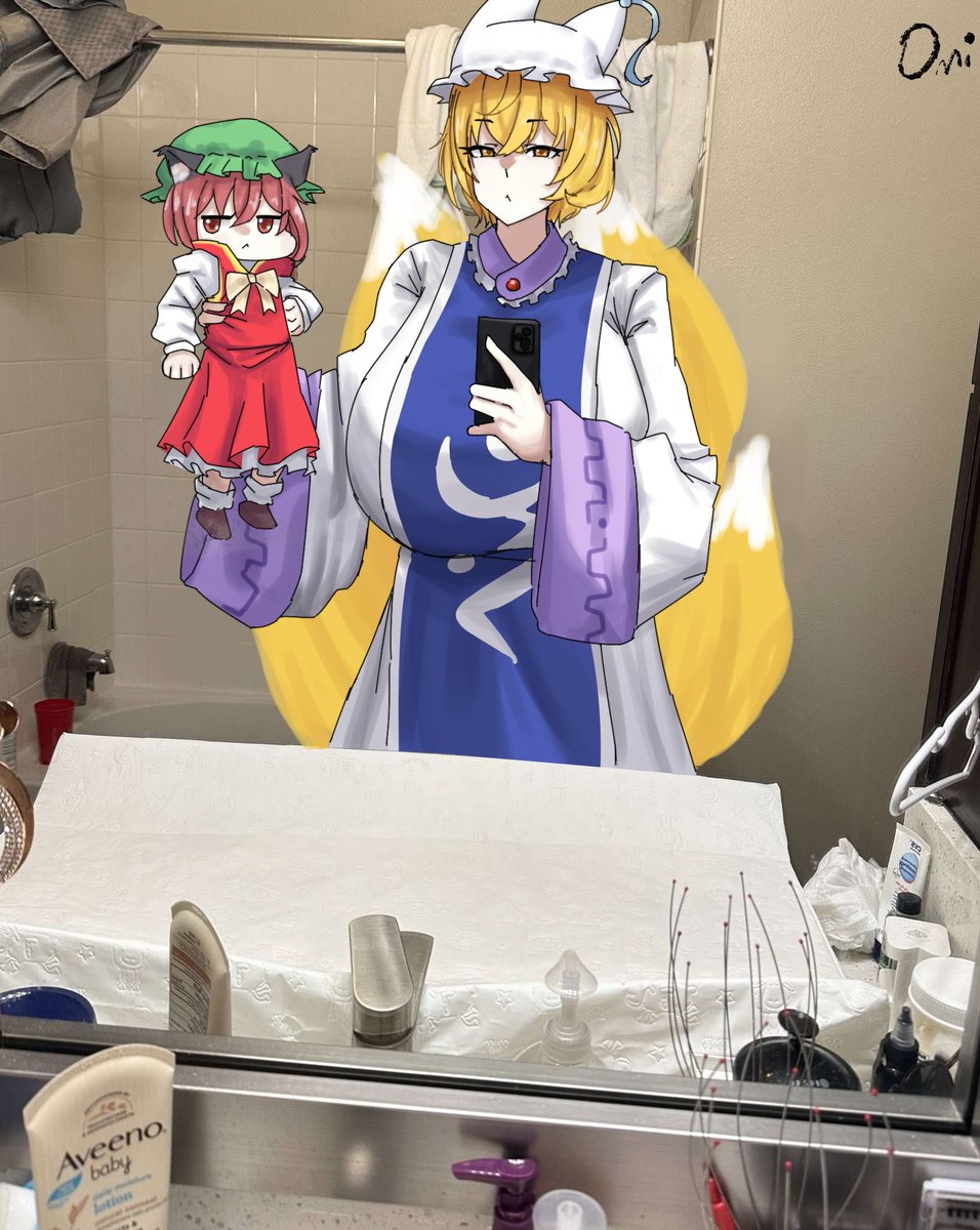 2girls, :<, animal_ears, animal_hat, artist_name, bathroom, bathtub, blonde_hair, breasts, brown_footwear, brown_hair, cat_ears, cellphone, chen, commentary, dress, english_commentary, english_text, faucet, fox_tail, hand_up, hat, highres, holding, holding_phone, guys_holding_babies_(meme), huge_breasts, in_palm, indoors, long_sleeves, meme, mob_cap, multiple_girls, omikami, phone, photo-referenced, photo_background, red_dress, selfie, short_hair, signature, smartphone, soap_bottle, socks, squeeze_bottle, tabard, tail, touhou, white_socks, wide_sleeves, yakumo_ran, yellow_eyes