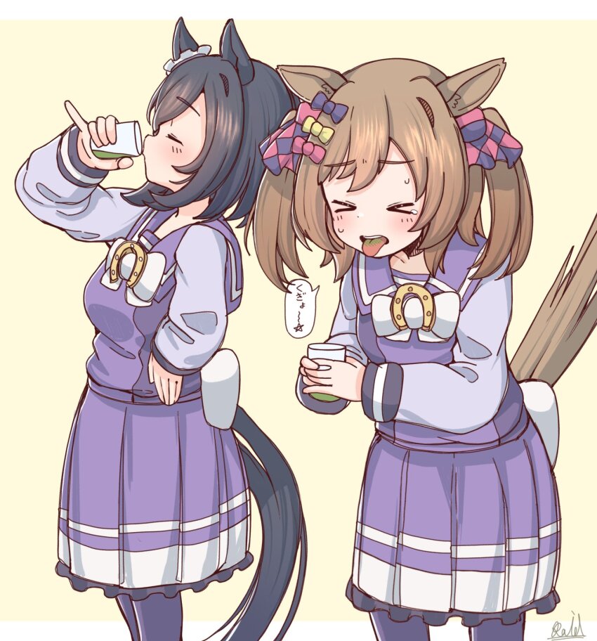 >_<, :p, animal_ears, back_bow, black_hair, blush, bow, bowtie