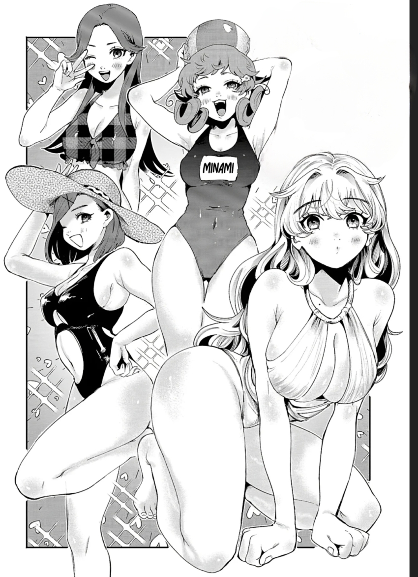 4girls, barefoot, bikini, blonde_hair, blush, closed_mouth, collared_bikini, filter-goshi_no_kanojo, greyscale, hakobe_maimi, hands_up, hat, highres, kagurazaka_minami, koto_mitsuha, long_hair, looking_at_viewer, moka_(filter-goshi_no_kanojo), monochrome, multiple_girls, navel, one_eye_closed, open_mouth, purple_eyes, red_hair, school_swimsuit, serious, simple_background, smile, solo, swimsuit, tongue, v, very_long_hair, white_background