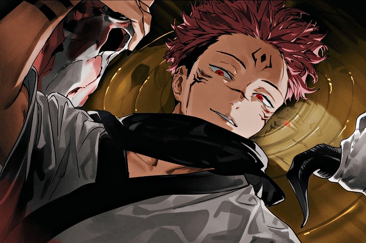 1boy, bara, black_tank_top, closed_mouth, extra_eyes, facial_mark, jujutsu_kaisen, large_pectorals