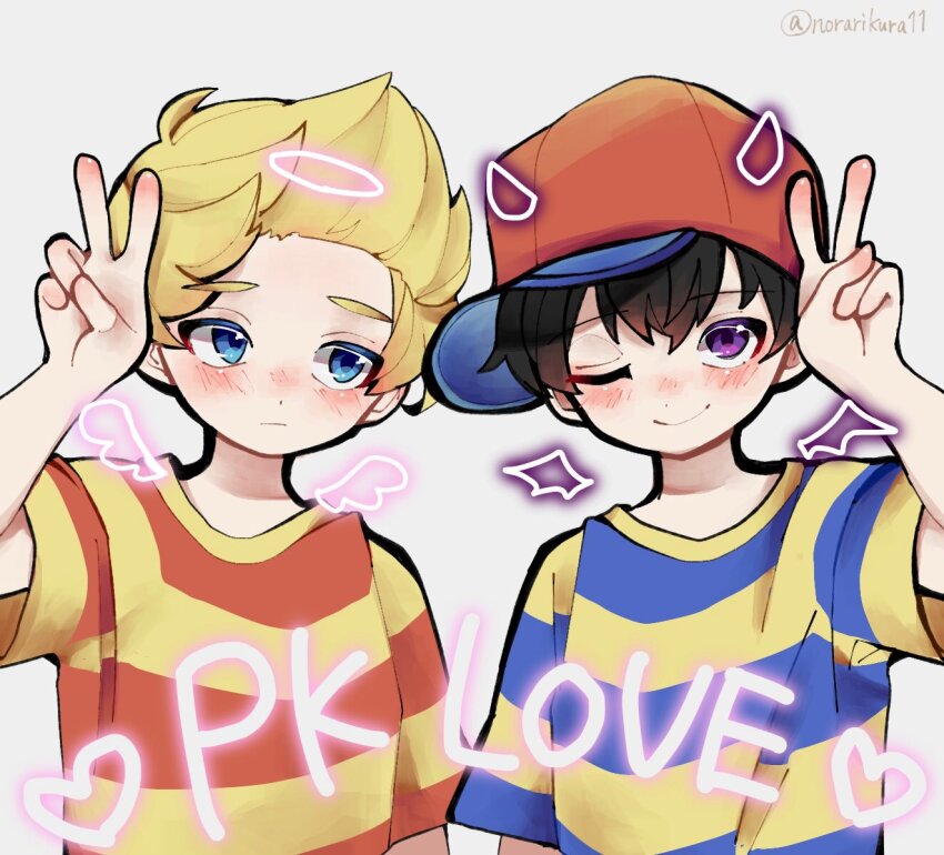 2boys, angel_wings, baseball_cap, black_hair, blinking, blonde_hair, blue_eyes, blush
