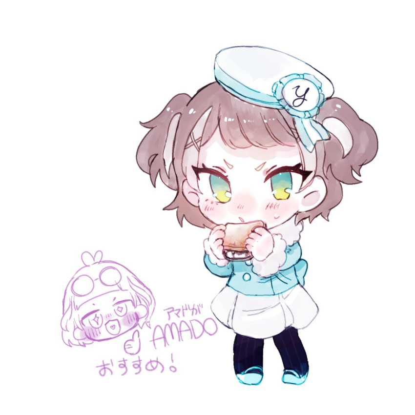 2girls, black_pantyhose, blue_jacket, blue_shoes, brown_hair, chibi, commentary_request, food