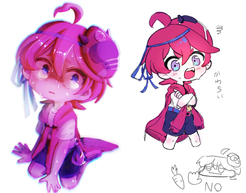 1boy, ahoge, alternate_eye_color, black_shorts, commentary_request, crossed_arms, hair_between_eyes, jacket