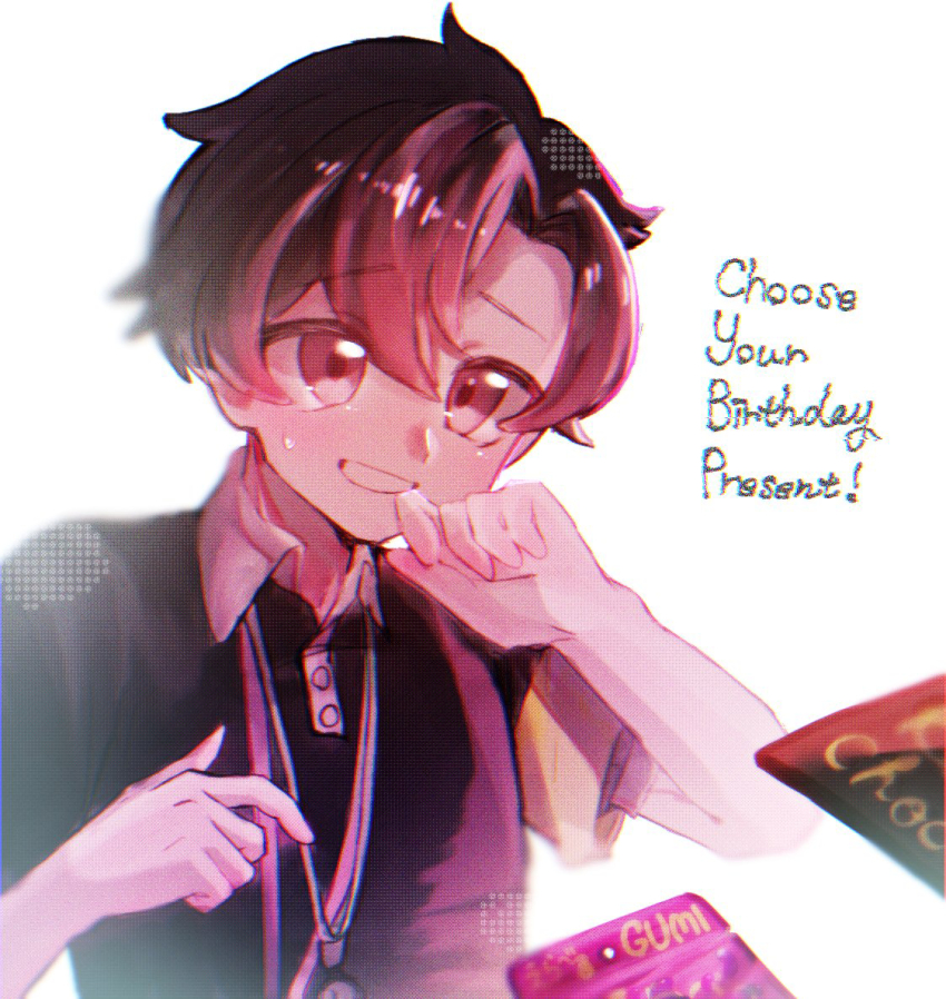 1boy, black_hair, black_shirt, chromatic_aberration, commentary_request, english_text, film_grain, hands_up