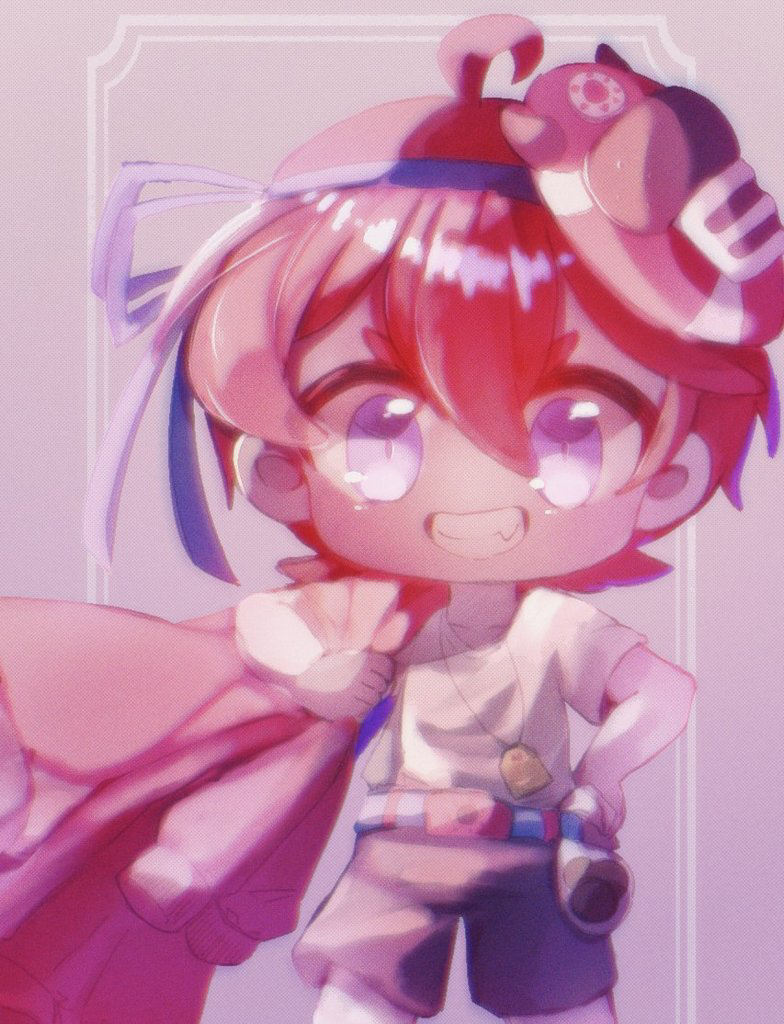 1boy, ahoge, alternate_eye_color, belt, black_shorts, blue_belt, chibi, commentary_request