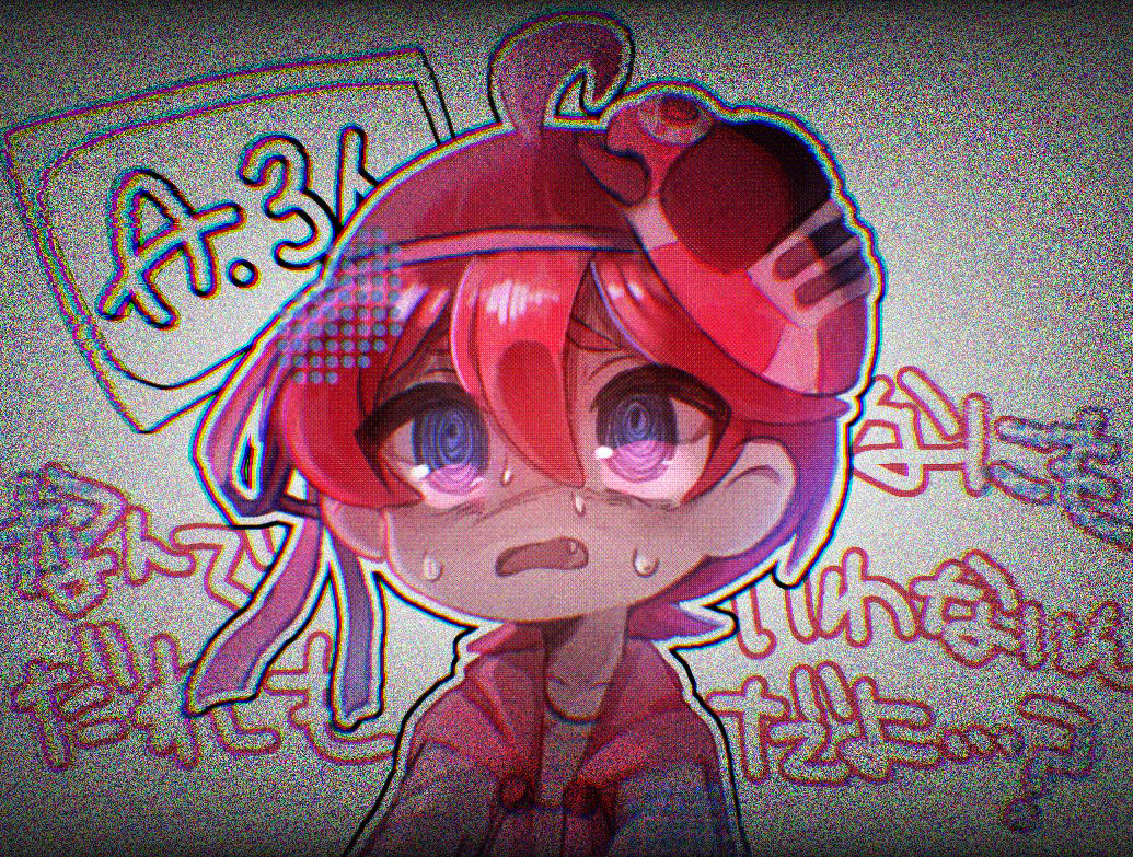 1boy, @_@, ahoge, alternate_eye_color, commentary_request, fang, film_grain, hair_between_eyes