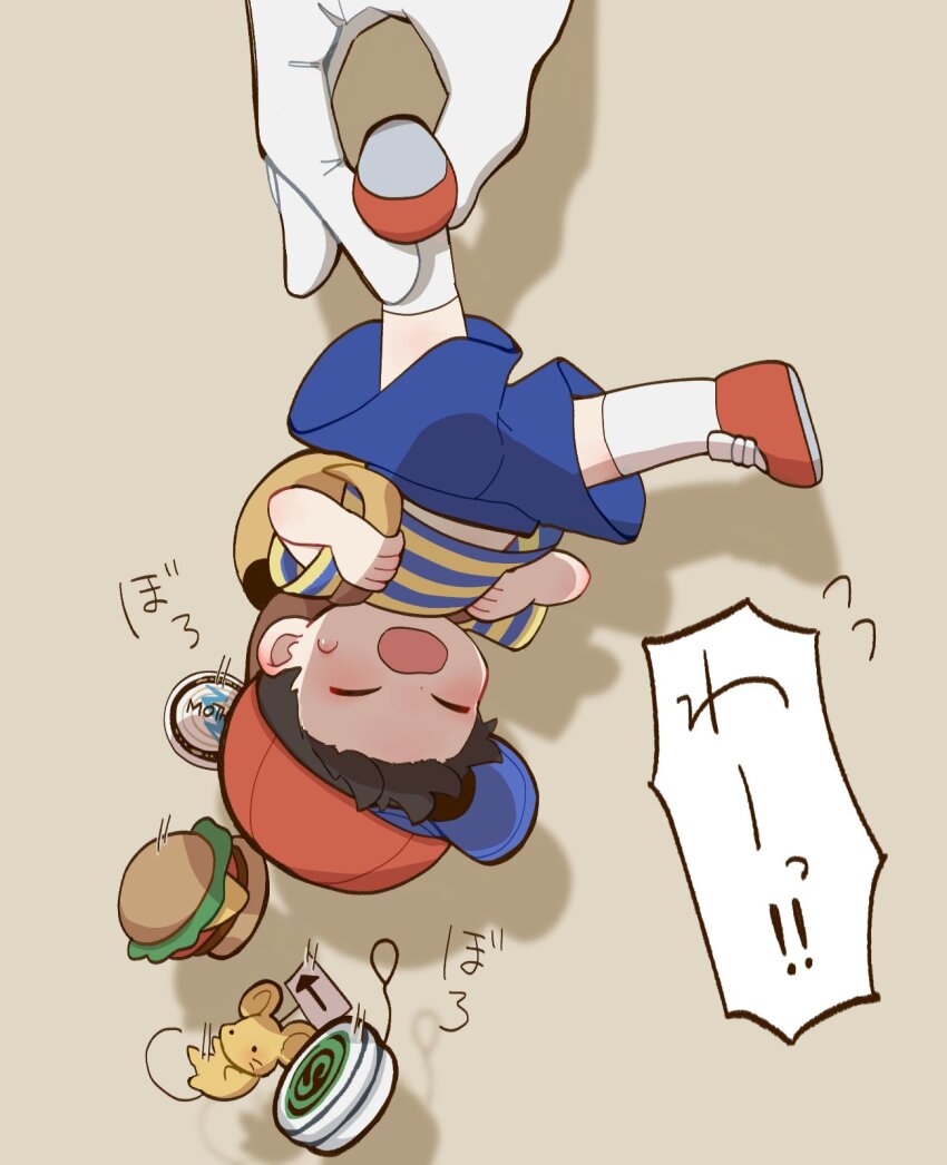 1boy, arrow_(symbol), backpack, bag, black_hair, blue_shorts, burger, closed_eyes