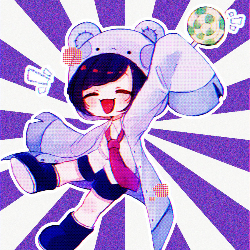 1boy, animal_ear_hood, animal_ears, blue_boots, blue_coat, blue_hair, blue_shorts, boots