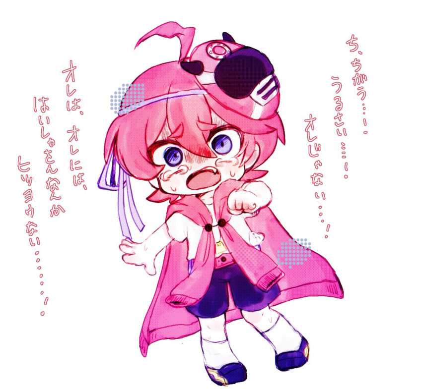 1boy, ahoge, blue_eyes, blue_shoes, blue_shorts, chibi, commentary_request, crying