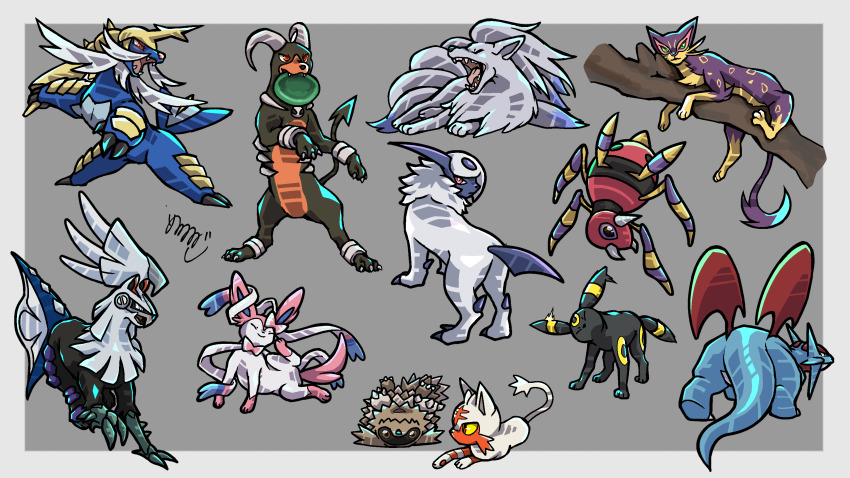 absol, absurdres, alolan_form, alolan_ninetales, alternate_color, ariados, black_fur, blue_skin