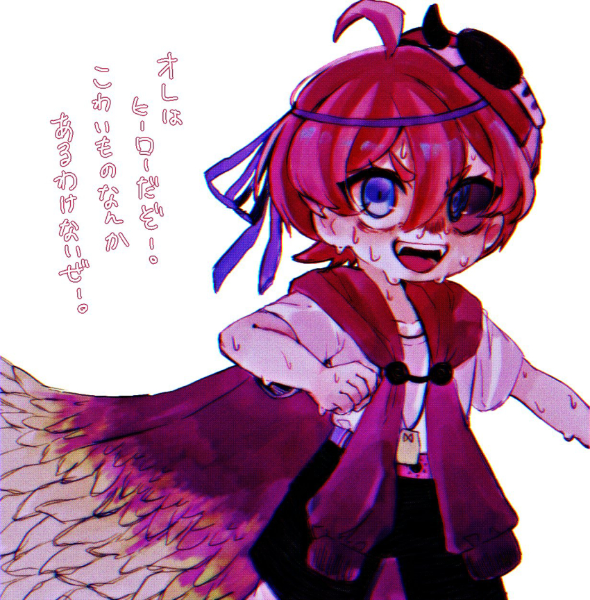 1boy, ahoge, black_shorts, blue_eyes, commentary_request, cowboy_shot, film_grain, hair_between_eyes